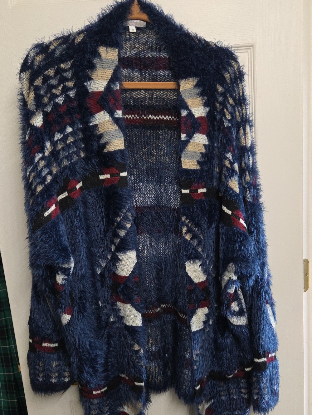 Navy Patterned Fuzzy Open Cardigan Sweater